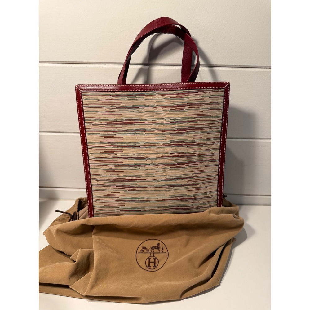 Hermes Vintage Tote Bag Burgundy Red Leather Woven Textile Striped Made in Franc - Picture 4 of 11